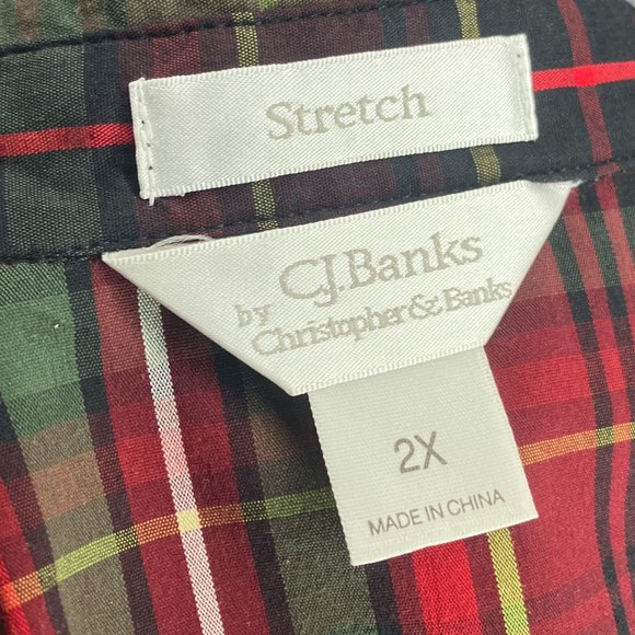 CJ Banks 2X Red Green Plaid Snap Button Front Stretch Cotton Blend Top Plus - Picture 3 of 4
